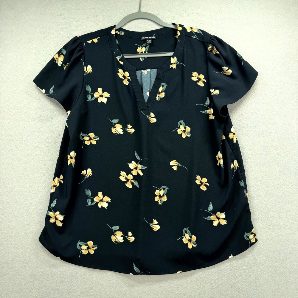 Hilary Radley Blouse Top Womens XL Black Yellow Floral Flutter Sleeve Split Neck